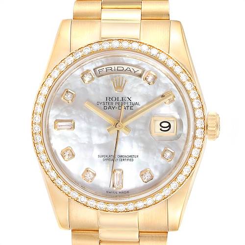 This image shows a frontal view of a Rolex President 118348 Men's Yellow Gold Mother of Pearl Dial 118348 Men's Yellow Gold Mother of Pearl Dial Day-Date watch featuring gold accents, diamond markers, and a day-date display.