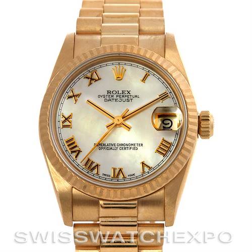 This image shows a front view of a Rolex President 68278 Yellow Gold Mother of Pearl Dial 68278 Yellow Gold Mother of Pearl Dial model watch, highlighting its dial, bezel, and bracelet.