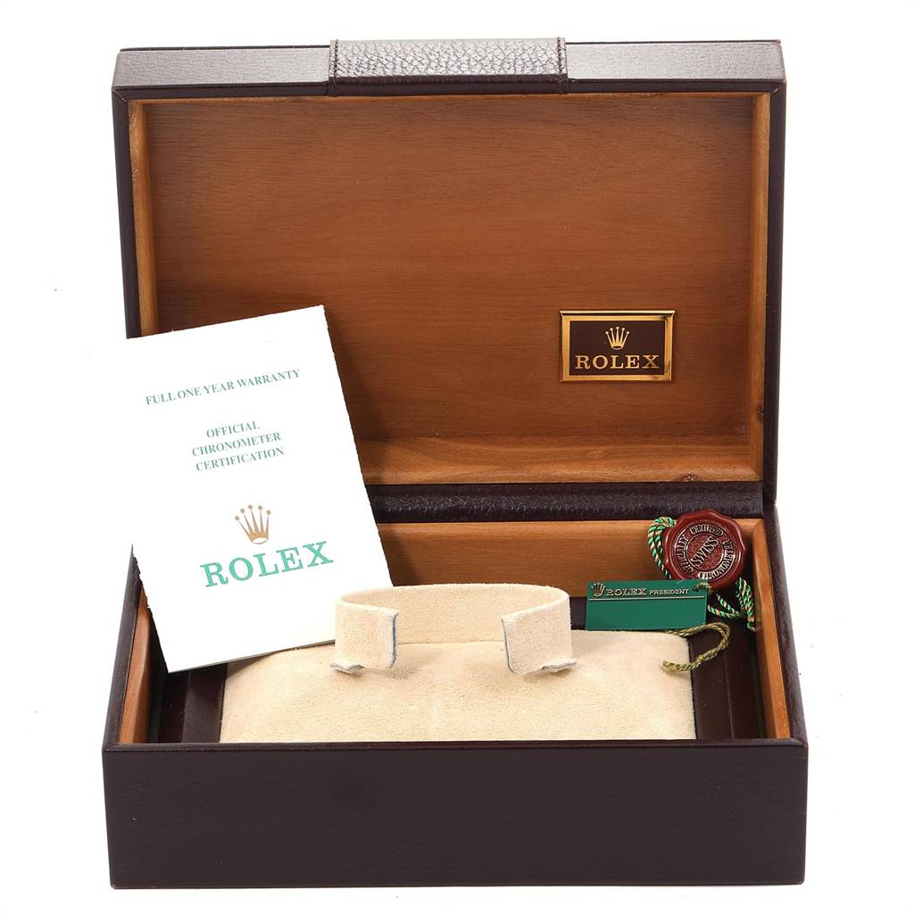 The image shows the open box of a Rolex President 18238 Men's Yellow Gold Champagne Dial 18238 Men's Yellow Gold Champagne Dial model watch, including the warranty card, certification booklet, and tags.