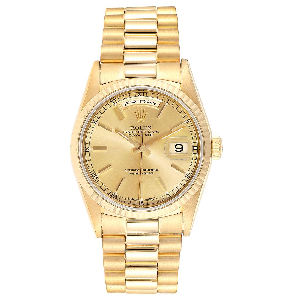 The image shows a front view of a Rolex President 18238 Men's Yellow Gold Champagne Dial 18238 Men's Yellow Gold Champagne Dial model watch, showcasing its dial, bezel, and bracelet.