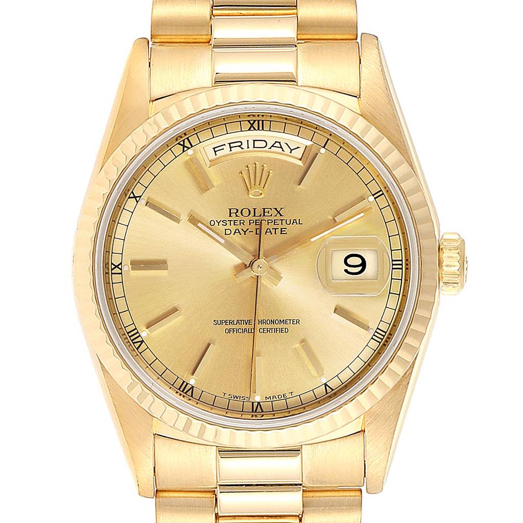 The image shows the dial and bezel of a Rolex President 18238 Men's Yellow Gold Champagne Dial 18238 Men's Yellow Gold Champagne Dial model watch, including the day and date displays.