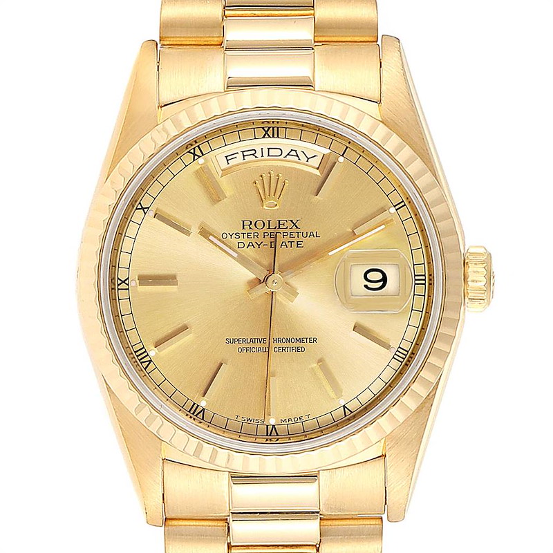 The image shows the dial and bezel of a Rolex President 18238 Men's Yellow Gold Champagne Dial 18238 Men's Yellow Gold Champagne Dial model watch, including the day and date displays.