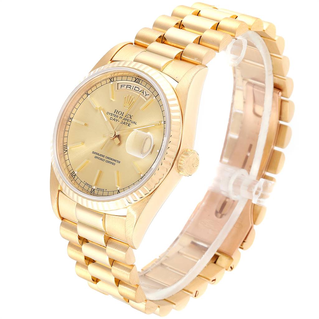 The image shows a gold Rolex President 18238 Men's Yellow Gold Champagne Dial 18238 Men's Yellow Gold Champagne Dial model watch at a three-quarter angle, displaying the dial, bracelet, and side crown.
