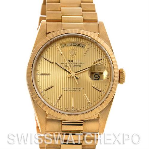 The image shows a frontal view of the Rolex President 18238 Men's Yellow Gold Champagne Dial 18238 Men's Yellow Gold Champagne Dial model watch, highlighting the dial, bezel, crown, and bracelet.