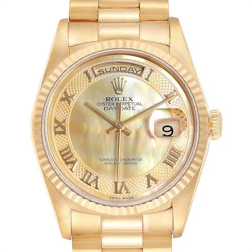 This image shows a frontal view of a Rolex President 18238 Men's Yellow Gold Mother of Pearl Dial 18238 Men's Yellow Gold Mother of Pearl Dial model watch, highlighting the face, hands, date, and band.