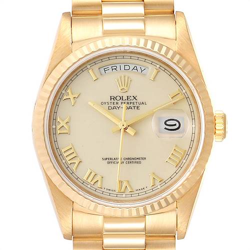 The image shows a frontal view of a Rolex President 18238 Men's Yellow Gold Beige Dial 18238 Men's Yellow Gold Beige Dial model watch displaying its dial, bezel, date, and day features.