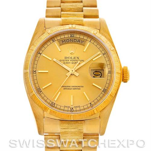The image shows a front view of a Rolex President 18038 Men's Yellow Gold Champagne Dial 18038 Men's Yellow Gold Champagne Dial Day-Date watch, displaying the dial, bezel, and bracelet.