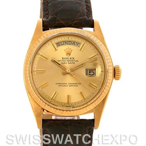 The image shows a frontal view of the Rolex President 1803 Men's Yellow Gold Champagne Dial 1803 Men's Yellow Gold Champagne Dial model watch, displaying its dial, hands, and leather strap.