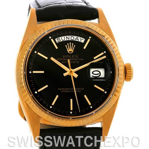 The Rolex President 1803 Men's Yellow Gold Black Dial 1803 Men's Yellow Gold Black Dial model watch is shown from the front, highlighting the black dial, day-date display, and gold casing.