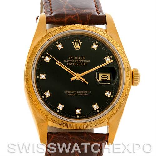 This image shows a front view of a Rolex President 16078 Men's Yellow Gold Black Dial 16078 Men's Yellow Gold Black Dial model watch, displaying the dial, bezel, crown, and leather strap.