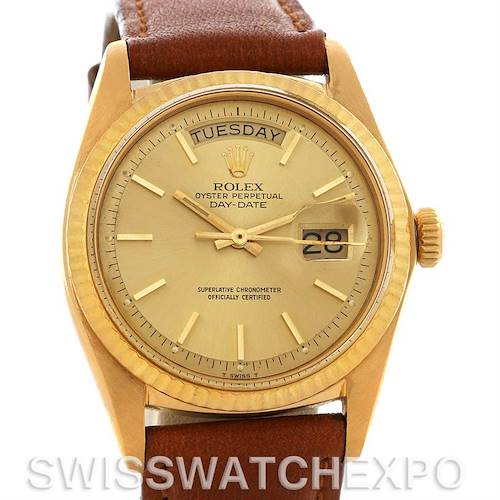 This Rolex President 1803 Men's Yellow Gold Champagne Dial 1803 Men's Yellow Gold Champagne Dial model watch is shown from the front, displaying the dial, hands, markers, day, and date windows.