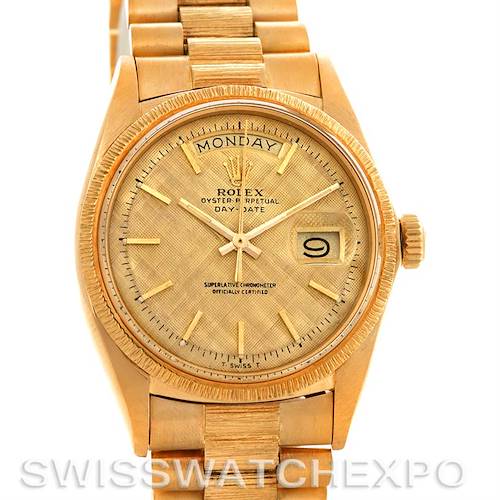 This image shows a frontal view of a Rolex President 1807 Men's Yellow Gold Champagne Dial 1807 Men's Yellow Gold Champagne Dial model watch, highlighting its dial, bezel, crown, and bracelet.