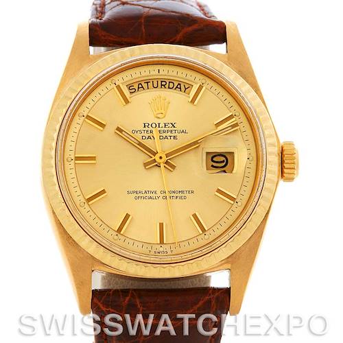 The Rolex President 1803 Men's Yellow Gold Champagne Dial 1803 Men's Yellow Gold Champagne Dial model watch is shown from a front-facing angle, highlighting the dial, day and date display, and leather strap.