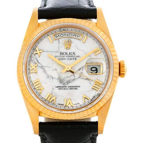 The image shows a Rolex President 18238 Men's Yellow Gold Grey Dial 18238 Men's Yellow Gold Grey Dial Oyster Perpetual Day-Date watch taken from the front, displaying its face and part of the strap.