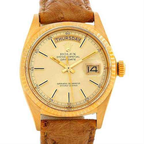 The image shows a front view of the Rolex President 1803 Men's Yellow Gold Champagne Dial 1803 Men's Yellow Gold Champagne Dial Day-Date watch, highlighting its golden dial, day-date display, and brown leather strap.