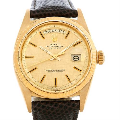 This image shows a frontal view of a Rolex President 1803 Men's Yellow Gold Champagne Dial 1803 Men's Yellow Gold Champagne Dial model watch, highlighting the dial, day-date display, bezel, and crown.