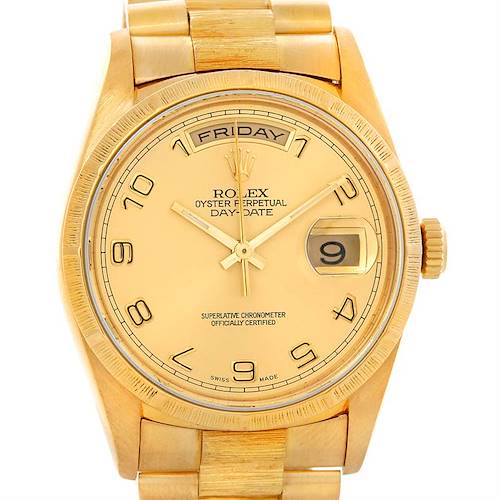 This image shows a front view of the dial, bezel, and bracelet of the Rolex President 18248 Men's Yellow Gold Champagne Dial 18248 Men's Yellow Gold Champagne Dial Day-Date watch.