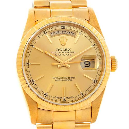 The image shows a frontal view of a Rolex President 18238 Men's Yellow Gold Champagne Dial 18238 Men's Yellow Gold Champagne Dial model watch, highlighting its gold dial, day-date display, and gold bracelet.