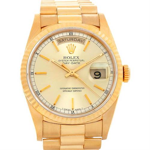 This image shows a frontal view of the Rolex President 18238 Men's Yellow Gold Champagne Dial 18238 Men's Yellow Gold Champagne Dial model, highlighting its dial and bracelet.