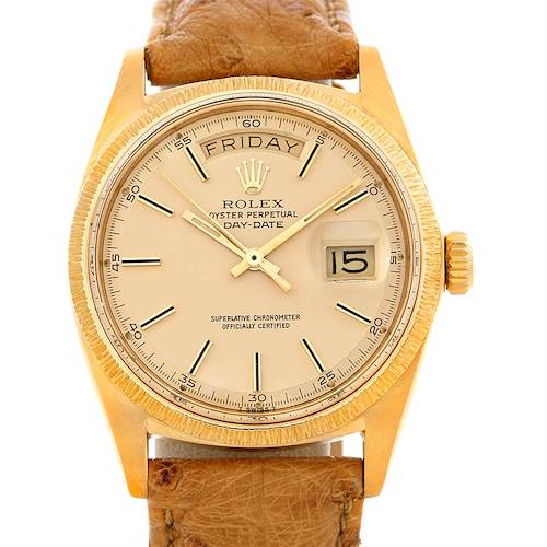 The image shows a front view of the Rolex President 1807 Men's Yellow Gold Champagne Dial 1807 Men's Yellow Gold Champagne Dial model, displaying the watch face, hands, date window, and strap.
