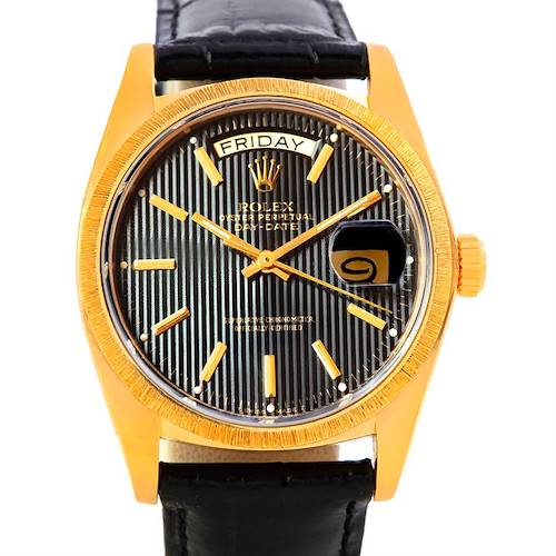 This is a front view of a Rolex President 18078 Men's Yellow Gold Black Dial 18078 Men's Yellow Gold Black Dial model watch showcasing the dial, day/date display, and gold casing with a leather strap.