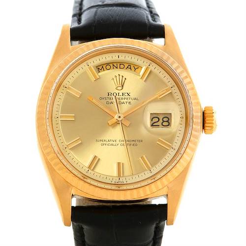 The image shows a frontal view of a Rolex President 1803 Men's Yellow Gold Champagne Dial 1803 Men's Yellow Gold Champagne Dial model watch, featuring its dial, bezel, crown, and leather strap.