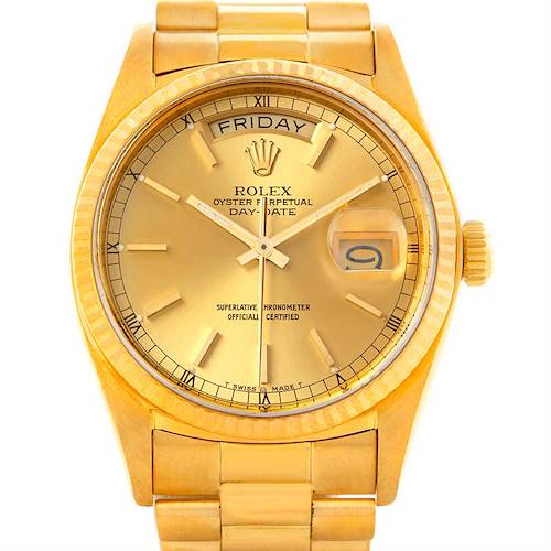 This image shows a Rolex President 18038 Men's Yellow Gold Champagne Dial 18038 Men's Yellow Gold Champagne Dial model watch from a front angle, displaying its dial, day and date indicators, and part of the bracelet.