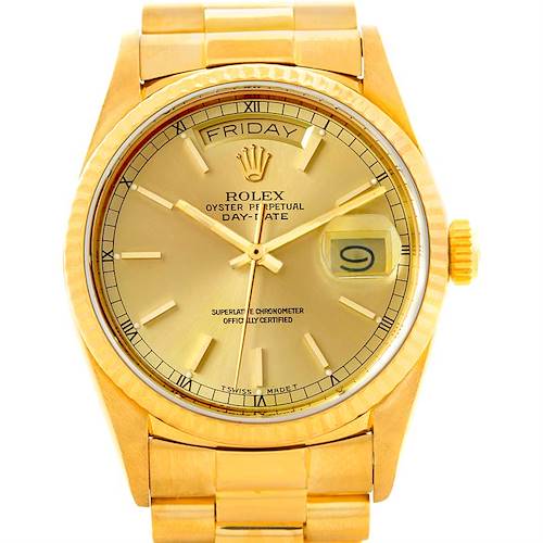 This close-up image shows the front dial, case, and part of the bracelet of the Rolex President 18038 Men's Yellow Gold Champagne Dial 18038 Men's Yellow Gold Champagne Dial model watch.