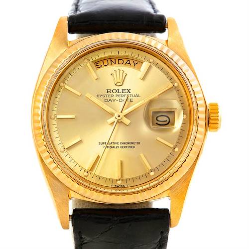 The image shows a head-on view of a Rolex President 1803 Men's Yellow Gold Champagne Dial 1803 Men's Yellow Gold Champagne Dial model watch with a gold face, day and date display, and a black leather strap.