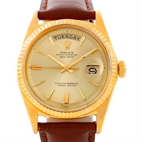 This image shows a front view of a Rolex President 1803 Men's Yellow Gold Champagne Dial 1803 Men's Yellow Gold Champagne Dial model, displaying the face with day and date features, gold bezel, and brown leather strap.