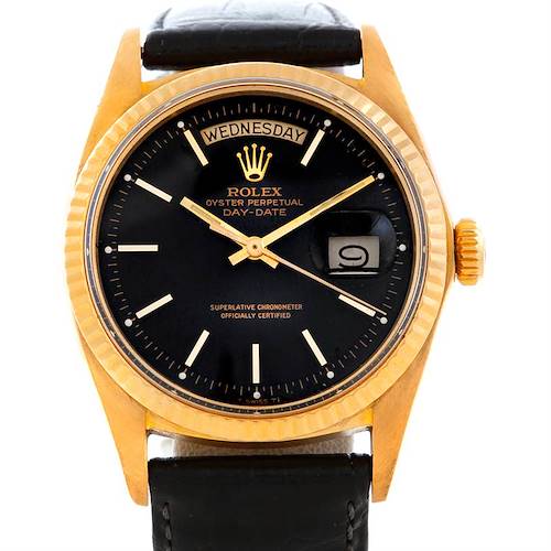 The image shows a front view of a Rolex President 1803 Men's Yellow Gold Black Dial 1803 Men's Yellow Gold Black Dial model watch, showcasing its black dial, day-date display, gold case, and leather strap.