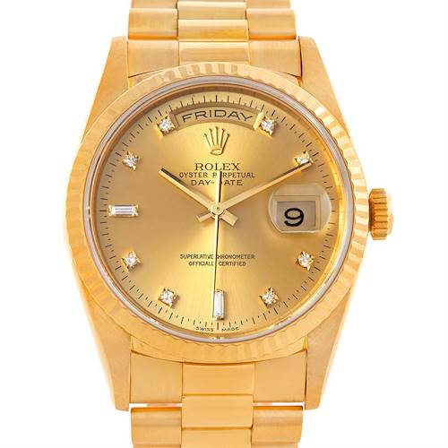 The Rolex President 18238 Men's Yellow Gold Champagne Dial 18238 Men's Yellow Gold Champagne Dial model watch is shown from a front angle, displaying the face, day-date feature, and band.