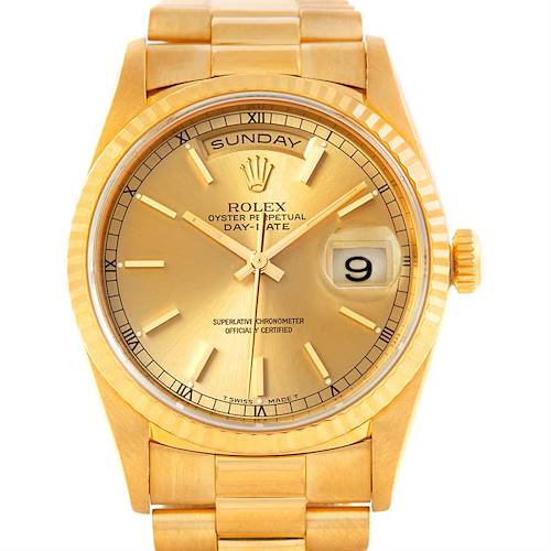 This image shows a front view of the gold Rolex President 18238 Men's Yellow Gold Champagne Dial 18238 Men's Yellow Gold Champagne Dial Oyster Perpetual Day-Date watch, focusing on the dial and bracelet.