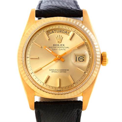 The image shows a frontal view of the Rolex President 1803 Men's Yellow Gold Champagne Dial 1803 Men's Yellow Gold Champagne Dial Day-Date watch, highlighting the dial, day, date, and crown.