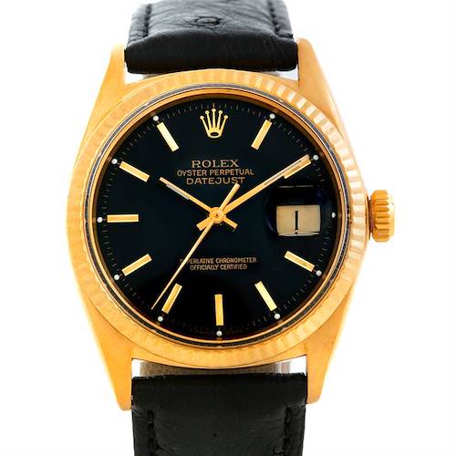 This image shows a frontal view of a Rolex President 1601 Men's Yellow Gold Black Dial 1601 Men's Yellow Gold Black Dial model watch with a black dial, gold case, and leather strap.