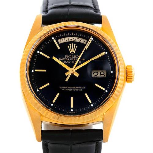This is a front view of the Rolex President 1803 Men's Yellow Gold Black Dial 1803 Men's Yellow Gold Black Dial model watch, showing its face, bezel, and strap.