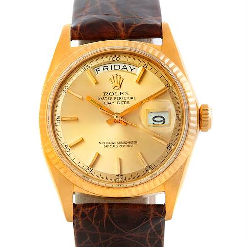 The Rolex President 1803 Men's Yellow Gold Champagne Dial 1803 Men's Yellow Gold Champagne Dial model watch is shown from the front, displaying its gold dial, day-date window, and brown leather strap.