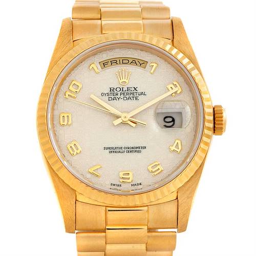 The image shows a frontal view of a Rolex President 18238 Men's Yellow Gold Beige Dial 18238 Men's Yellow Gold Beige Dial model watch, highlighting the dial, day and date indicators, and bracelet.