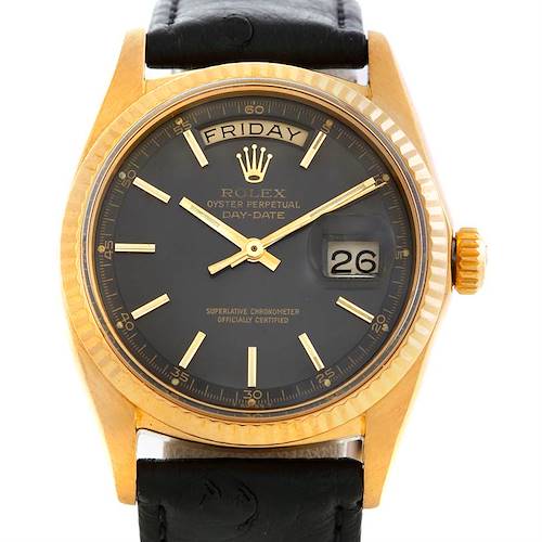 This image shows a front view of a Rolex President 1803 Men's Yellow Gold Grey Dial 1803 Men's Yellow Gold Grey Dial model watch displaying the dial, day, and date features.