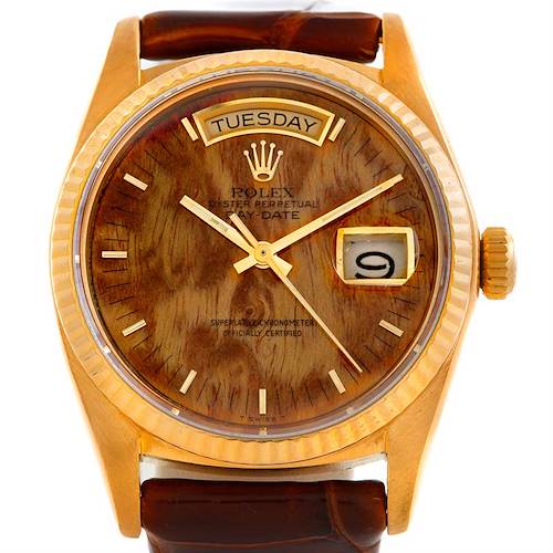 The image shows a close-up, front-facing view of a Rolex President 18038 Men's Yellow Gold Brown Dial 18038 Men's Yellow Gold Brown Dial watch, highlighting the dial, day-date windows, and bezel.