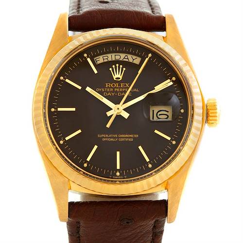 This image shows a Rolex President 1803 Men's Yellow Gold Brown Dial 1803 Men's Yellow Gold Brown Dial model watch from the front, displaying its dial, day-date features, and crown.