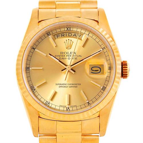 This image shows a front view of the Rolex President 18238 Men's Yellow Gold Champagne Dial 18238 Men's Yellow Gold Champagne Dial model watch, displaying the dial, day-date window, and band.