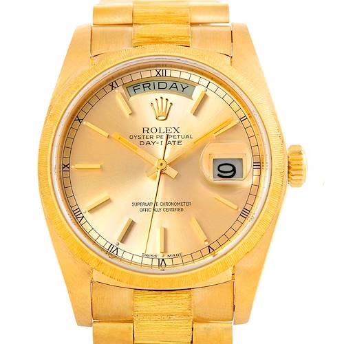 The image shows a front view of the Rolex President 18078 Men's Yellow Gold Champagne Dial 18078 Men's Yellow Gold Champagne Dial watch, highlighting the dial, day and date indicators, and the bezel.