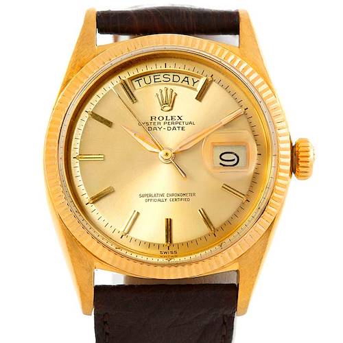 The Rolex President 1803 Men's Yellow Gold Champagne Dial 1803 Men's Yellow Gold Champagne Dial model is shown from a front angle, displaying the gold dial, day/date windows, and leather strap.