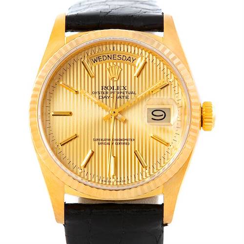 This image shows the face of the Rolex President 18038 Men's Yellow Gold Champagne Dial 18038 Men's Yellow Gold Champagne Dial watch, highlighting the day, date, and gold details.