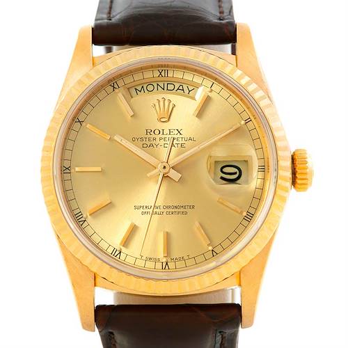 This image shows a frontal view of a Rolex President 18038 Men's Yellow Gold Champagne Dial 18038 Men's Yellow Gold Champagne Dial Day-Date watch, featuring its dial, bezel, crown, and strap.