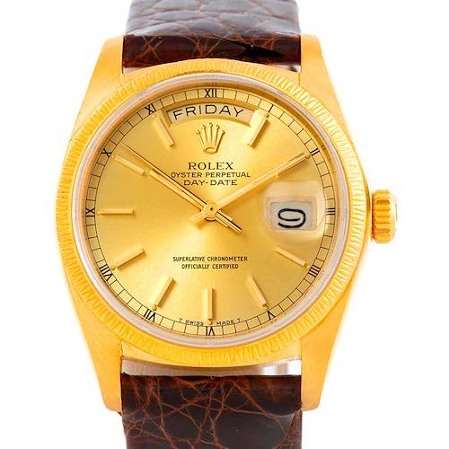 The image shows a close-up, front view of a Rolex President 18078 Men's Yellow Gold Champagne Dial 18078 Men's Yellow Gold Champagne Dial model, featuring the dial, day, and date display.