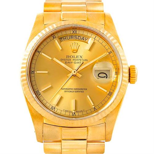 The image shows a front view of a Rolex President 18038 Men's Yellow Gold Champagne Dial 18038 Men's Yellow Gold Champagne Dial model watch, highlighting the dial, bezel, and bracelet.