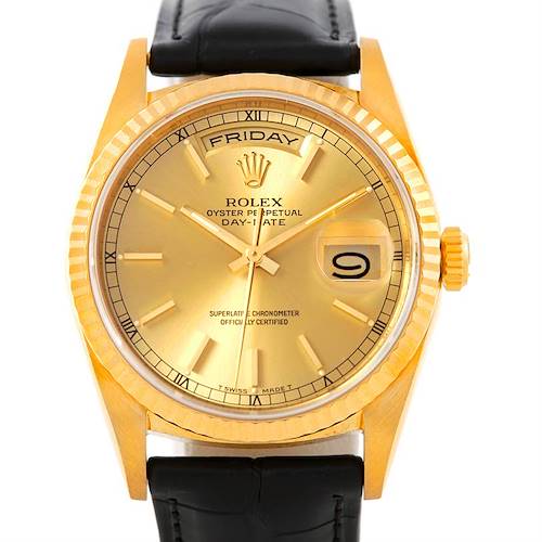 The image shows a front view of the Rolex President 18238 Men's Yellow Gold Champagne Dial 18238 Men's Yellow Gold Champagne Dial model watch, highlighting the gold dial, bezel, and black leather strap.