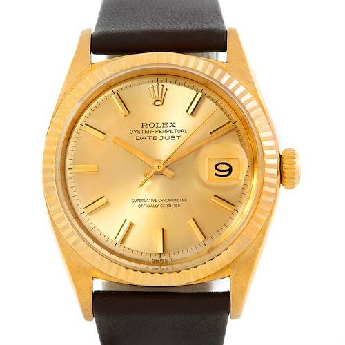 The Rolex President 1601 Men's Yellow Gold Champagne Dial 1601 Men's Yellow Gold Champagne Dial model watch is shown front-on, highlighting the gold dial, hands, date window, and black leather strap.
